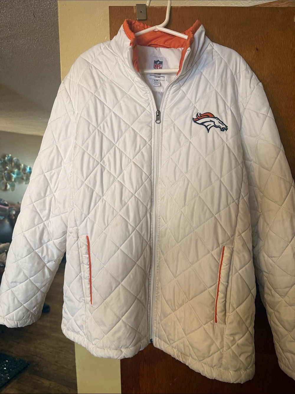 Denver Broncos Women’s White Quilted Puffer Jacket with Orange Trim